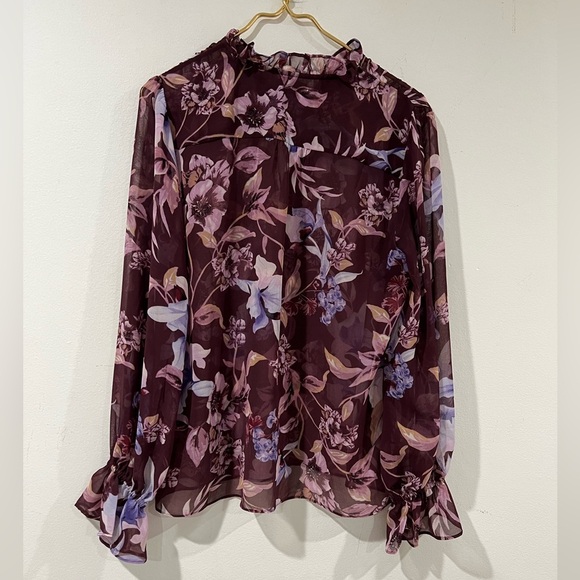 WHITE HOUSE BLACKMARKET Long Sleeve Tie Neck Printed Blouse burgundy Size M - Picture 5 of 9